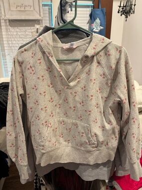 Women's Floral Hooded Pullover Sweatshirt - Pink on Grey